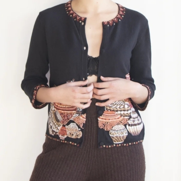 Michael Simon New York Jar Pot Beaded Embroidered Button Down Cardigan L - Picture 2 of 10
